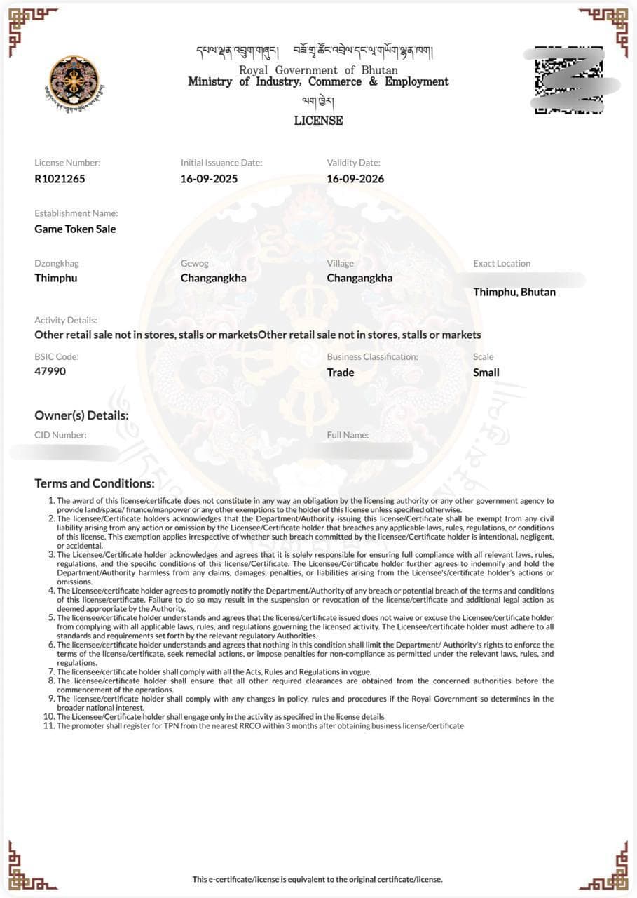Bhutan Game Token Sale Business License